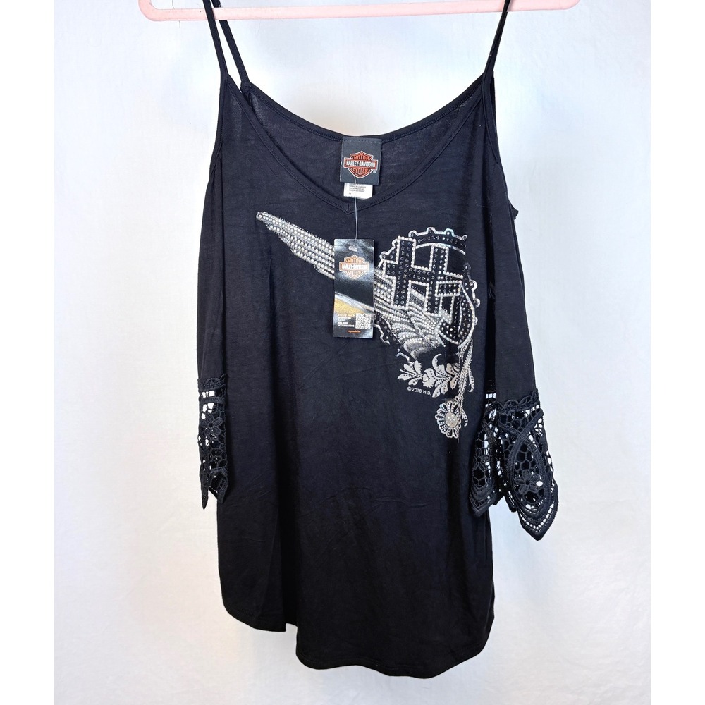 Harley-Davidson Womens Cold Shoulder Rhinestone Lace Top Black M Sexy Bling
